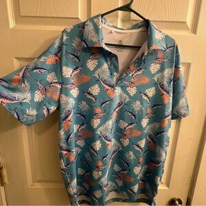 Scales Tropical Slam Blue & Coral Polo Shirt Fishing Beach Vacay Resort Size Med